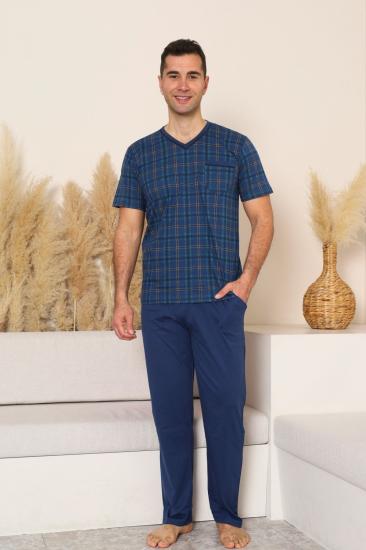 Erkek Pijama Takımı - İndigo Kareli V Yaka Kısa Kollu Penye 1226KY