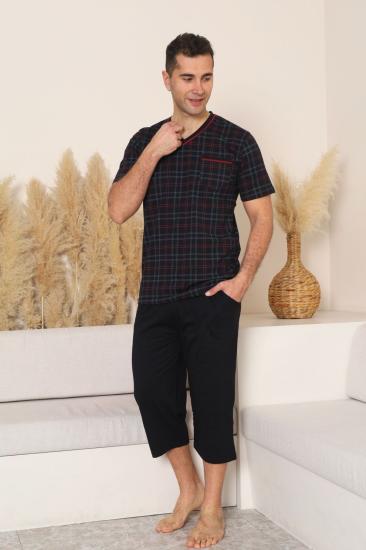 Erkek Pijama Takımı - Siyah Kareli V Yaka Bermuda Penye 1226B
