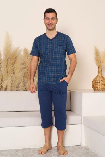 Erkek Pijama Takımı - İndigo Kareli V Yaka Bermuda Penye 1226B