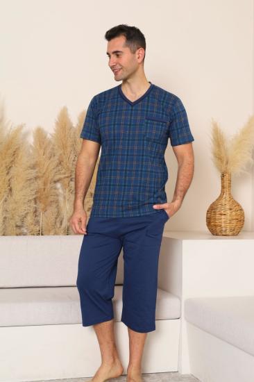 Erkek Pijama Takımı - İndigo Kareli V Yaka Bermuda Penye 1226B
