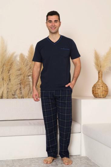 Erkek Pijama Takımı - Lacivert Kareli V Yaka Kısa Kollu Penye 1225KY
