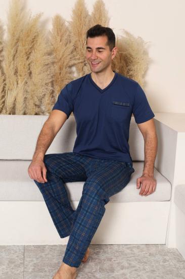Erkek Pijama Takımı - İndigo Kareli V Yaka Kısa Kollu Penye 1225KY