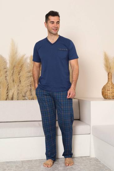 Erkek Pijama Takımı - İndigo Kareli V Yaka Kısa Kollu Penye 1225KY