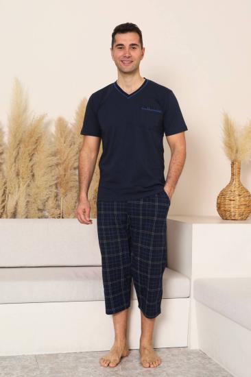 Erkek Pijama Takımı - Lacivert Kareli V Yaka Bermuda Penye 1225B