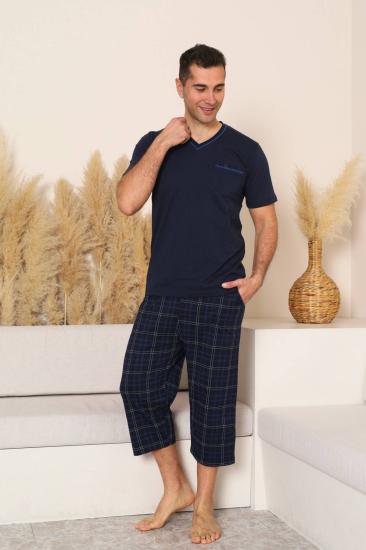 Erkek Pijama Takımı - Lacivert Kareli V Yaka Bermuda Penye 1225B