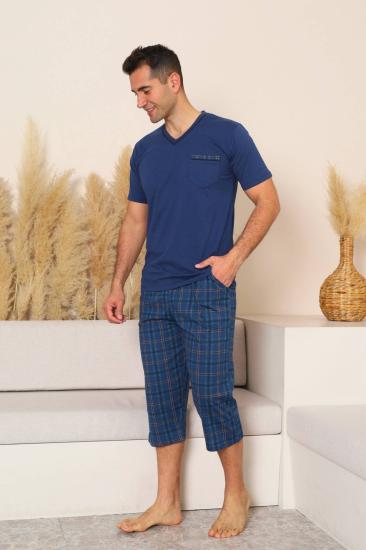Erkek Pijama Takımı - İndigo Kareli V Yaka Bermuda Penye 1225B