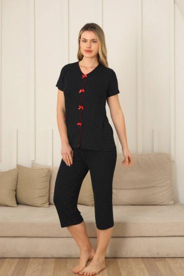 Kadın Pijama Takımı - Siyah Puantiyeli Önden Düğmeli Bermuda Likralı 2828B
