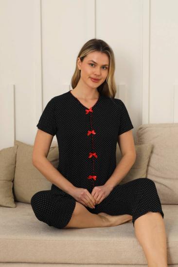 Kadın Pijama Takımı - Siyah Puantiyeli Önden Düğmeli Bermuda Likralı 2828B