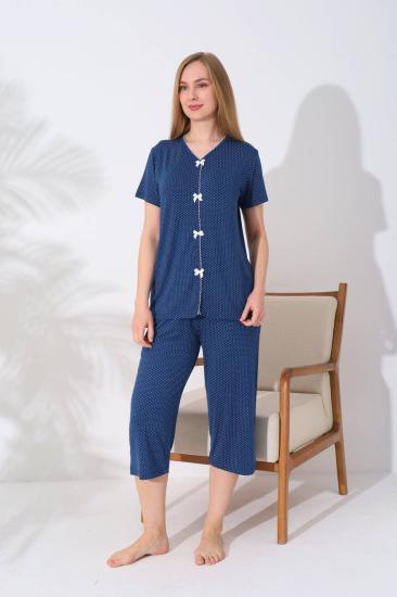 Kadın Pijama Takımı - İndigo Puantiyeli Önden Düğmeli Bermuda Likralı 2828B