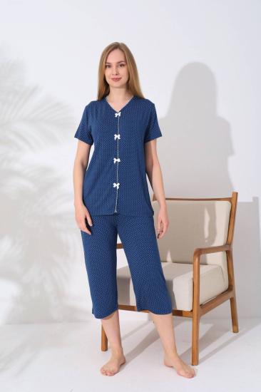 Kadın Pijama Takımı - İndigo Puantiyeli Önden Düğmeli Bermuda Likralı 2828B