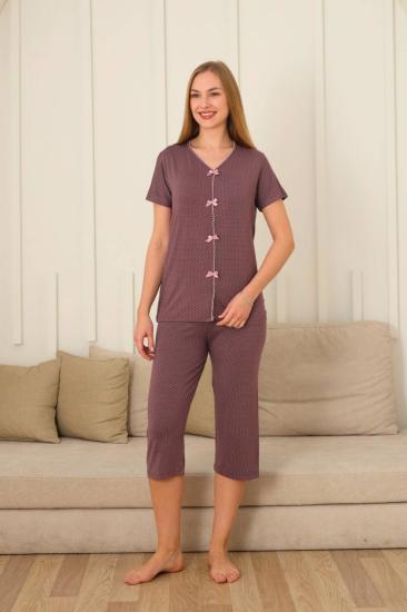 Kadın Pijama Takımı - Gülkurusu Puantiyeli Önden Düğmeli Bermuda Likralı 2828B