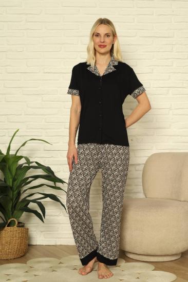 Kadın Pijama Takımı - Siyah Önden Düğmeli Kısa Kollu Likralı 2904KY