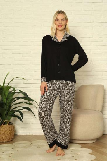Kadın Pijama Takımı - Siyah Önden Düğmeli Uzun Kollu Likralı 2904UY