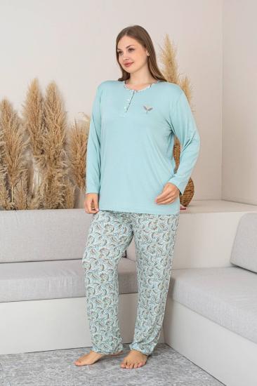 Büyük Beden Kadın Pijama Takımı - Yeşil Uzun Kollu Likralı 2874UYB