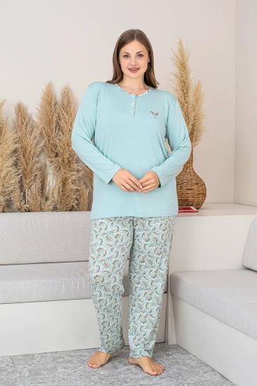 Büyük Beden Kadın Pijama Takımı - Yeşil Uzun Kollu Likralı 2874UYB