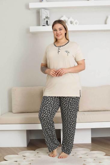 Büyük Beden Kadın Pijama Takımı - Bej Kısa Kol Likralı 2857KYB