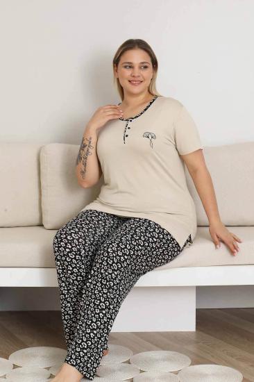 Büyük Beden Kadın Pijama Takımı - Bej Kısa Kol Likralı 2857KYB