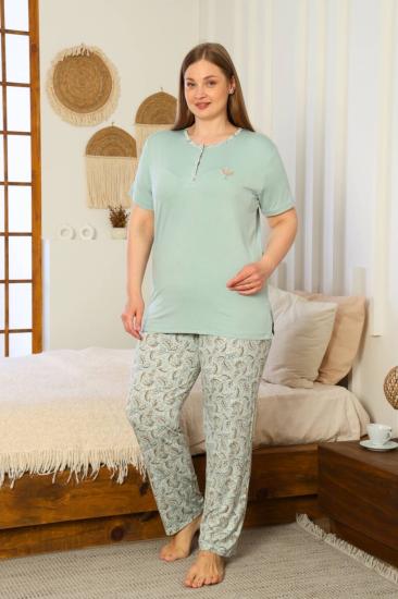 Büyük Beden Kadın Pijama Takımı - Yeşil Kısa Kollu Likralı 2874KYB