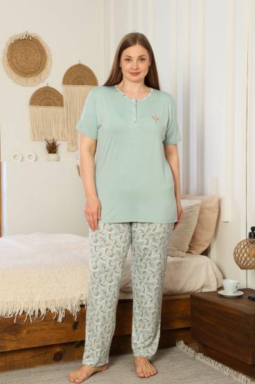 Büyük Beden Kadın Pijama Takımı - Yeşil Kısa Kollu Likralı 2874KYB