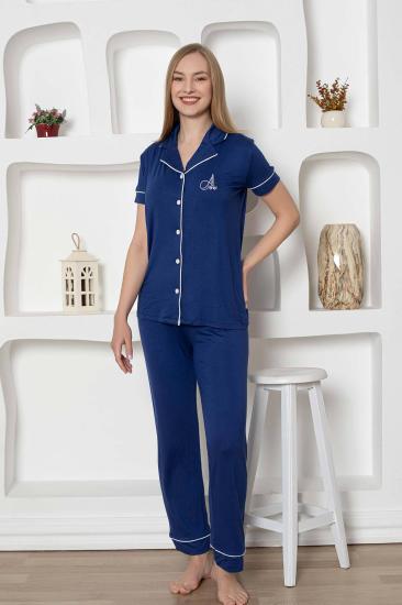 Kadın Pijama Takımı - İndigo Önden Düğmeli Kısa Kollu Likralı Viskon 2782KY