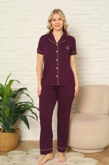 Kadın Pijama Takımı - Mor Önden Düğmeli Kısa Kollu Likralı Viskon 2782KY