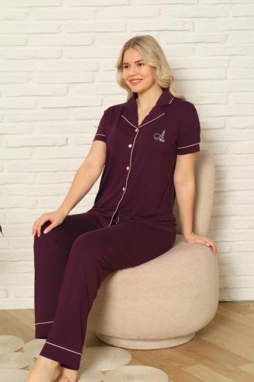 Kadın Pijama Takımı - Mor Önden Düğmeli Kısa Kollu Likralı Viskon 2782KY