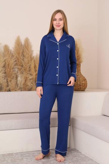 Kadın Pijama Takımı - İndigo Önden Düğmeli Uzun Kollu Likralı Viskon 2782UY