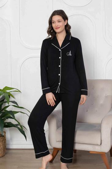 Kadın Pijama Takımı - Siyah Önden Düğmeli Uzun Kollu Likralı Viskon 2782UY