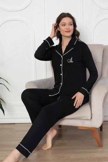 Kadın Pijama Takımı - Siyah Önden Düğmeli Uzun Kollu Likralı Viskon 2782UY