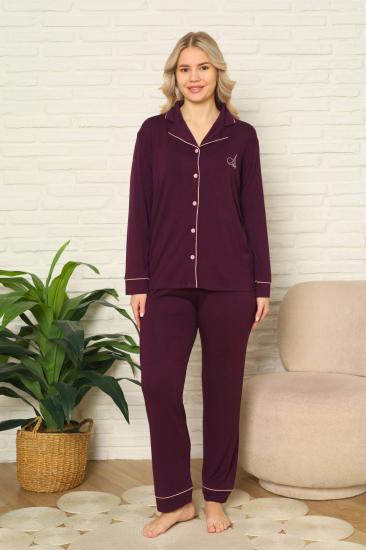Kadın Pijama Takımı - Mor Önden Düğmeli Uzun Kollu Likralı Viskon 2782UY