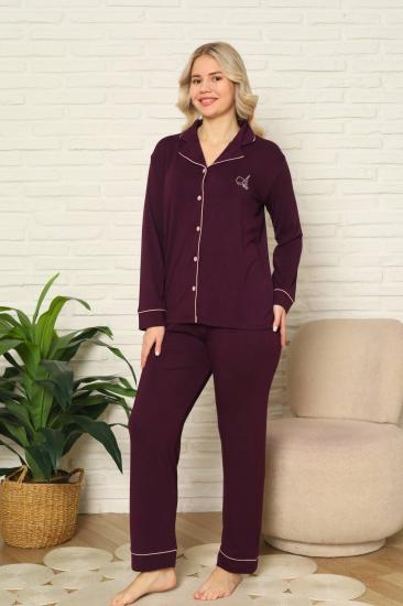 Kadın Pijama Takımı - Mor Önden Düğmeli Uzun Kollu Likralı Viskon 2782UY