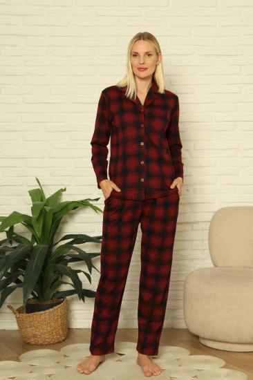 Bayan Pijama Takım - Ekoseli Önden Düğmeli  Penye Uzun Kollu 2916UY