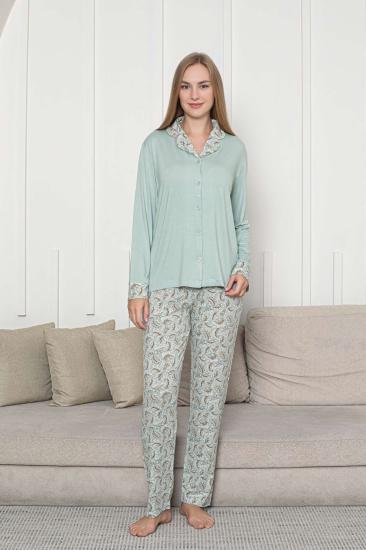 Önden Düğmeli Kadın Pijama Takımı - Su Yeşili Uzun Kol Likralı Rink Viskon 2872UY