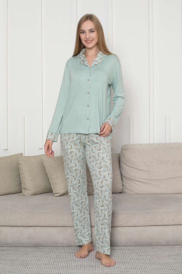 Önden Düğmeli Kadın Pijama Takımı - Su Yeşili Uzun Kol Likralı Rink Viskon 2872UY