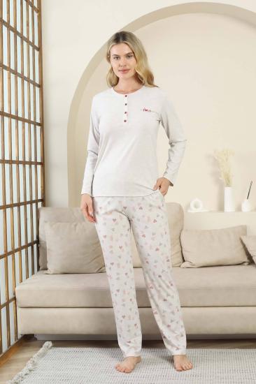 Kalp Desenli Kadın Pijama Takımı - Gri Melanj Uzun Kollu Likralı Viskon 2870UY