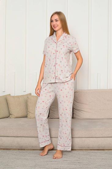 Kalp Desenli Kadın Pijama Takımı - Önden Düğmeli Likralı Kısa Kollu 2868KY