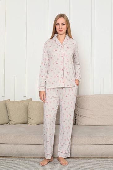Kalp Desenli Kadın Pijama Takımı - Önden Düğmeli Likralı Uzun Kollu 2868UY