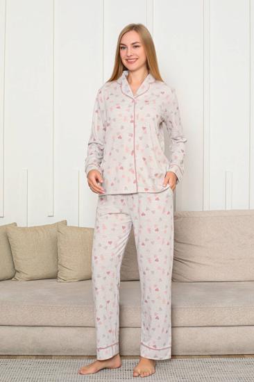 Kalp Desenli Kadın Pijama Takımı - Önden Düğmeli Likralı Uzun Kollu 2868UY