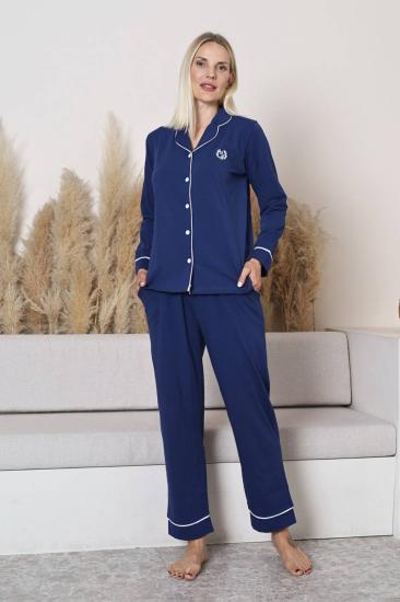 Bayan Pijama Takımı - Mavi Önden Düğmeli Uzun Kollu Likralı Penye 2577UY