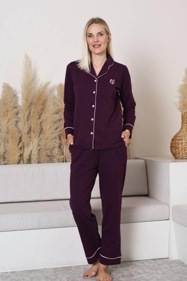 Bayan Pijama Takımı - Mor Önden Düğmeli Uzun Kollu Likralı Penye 2577UY