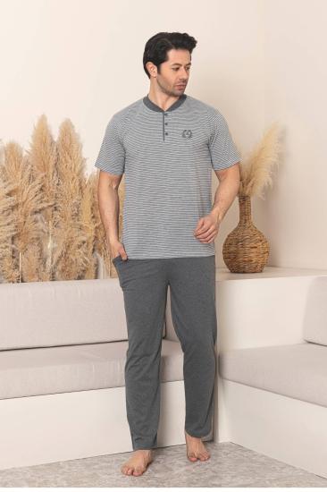Erkek Pijama Takımı - Gri Çizgili Kısa Kollu Penye 1219KY