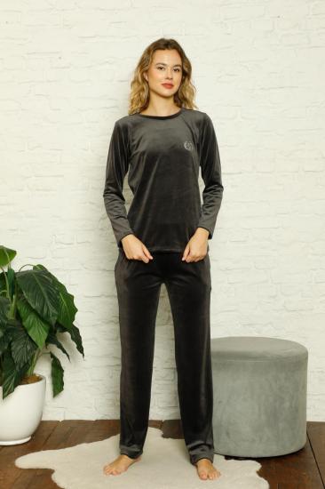 Kadife Kadın Pijama Takımı - Füme Nakış Desenli Cepli Süper Soft Kumaş 2598UK
