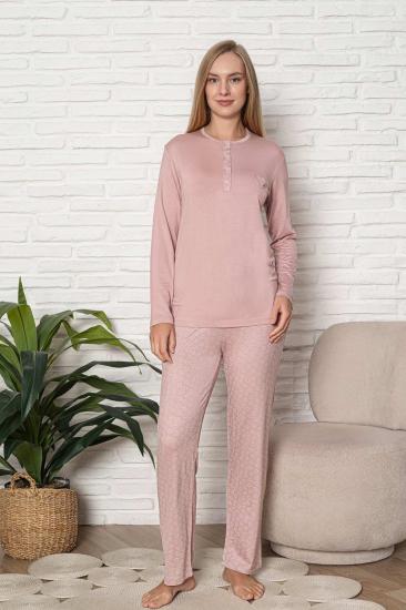 Kadın Pijama Takımı - Pudra Nakış Detaylı Uzun Kol Likralı Viskon 2924UY