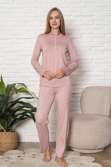 Kadın Pijama Takımı - Pudra Nakış Detaylı Uzun Kol Likralı Viskon 2924UY