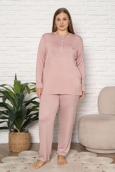 Büyük Beden Kadın Pijama Takımı - Pudra Uzun Kol Likralı Viskon 2924UYB