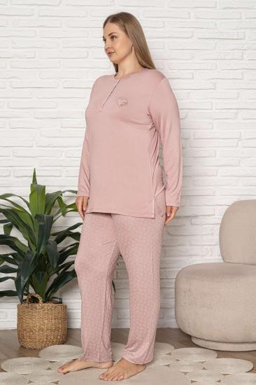 Büyük Beden Kadın Pijama Takımı - Pudra Uzun Kol Likralı Viskon 2924UYB