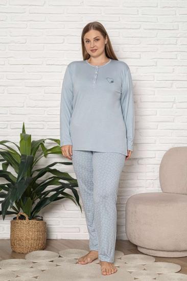 Büyük Beden Kadın Pijama Takımı - Mavi Uzun Kol Likralı Viskon 2924UYB