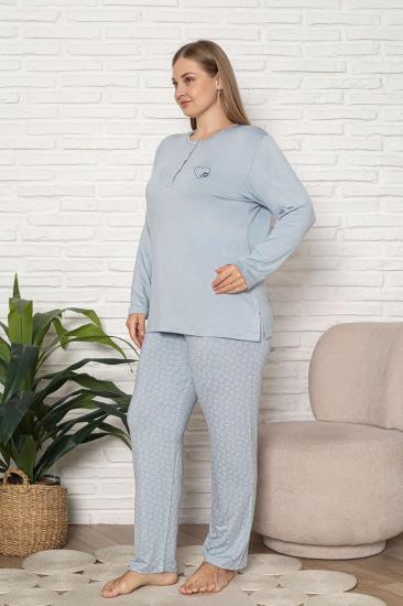 Büyük Beden Kadın Pijama Takımı - Mavi Uzun Kol Likralı Viskon 2924UYB