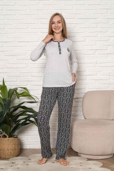 Kadın Pijama Takımı - Gri Etnik Desen Uzun Kol Likralı Kumaş 2923UY