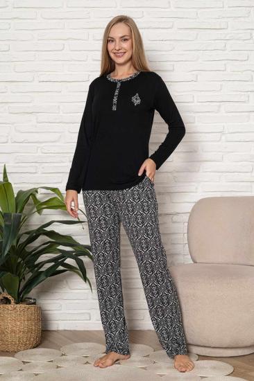 Kadın Pijama Takımı - Siyah Etnik Desen Uzun Kol Likralı Kumaş 2923UY